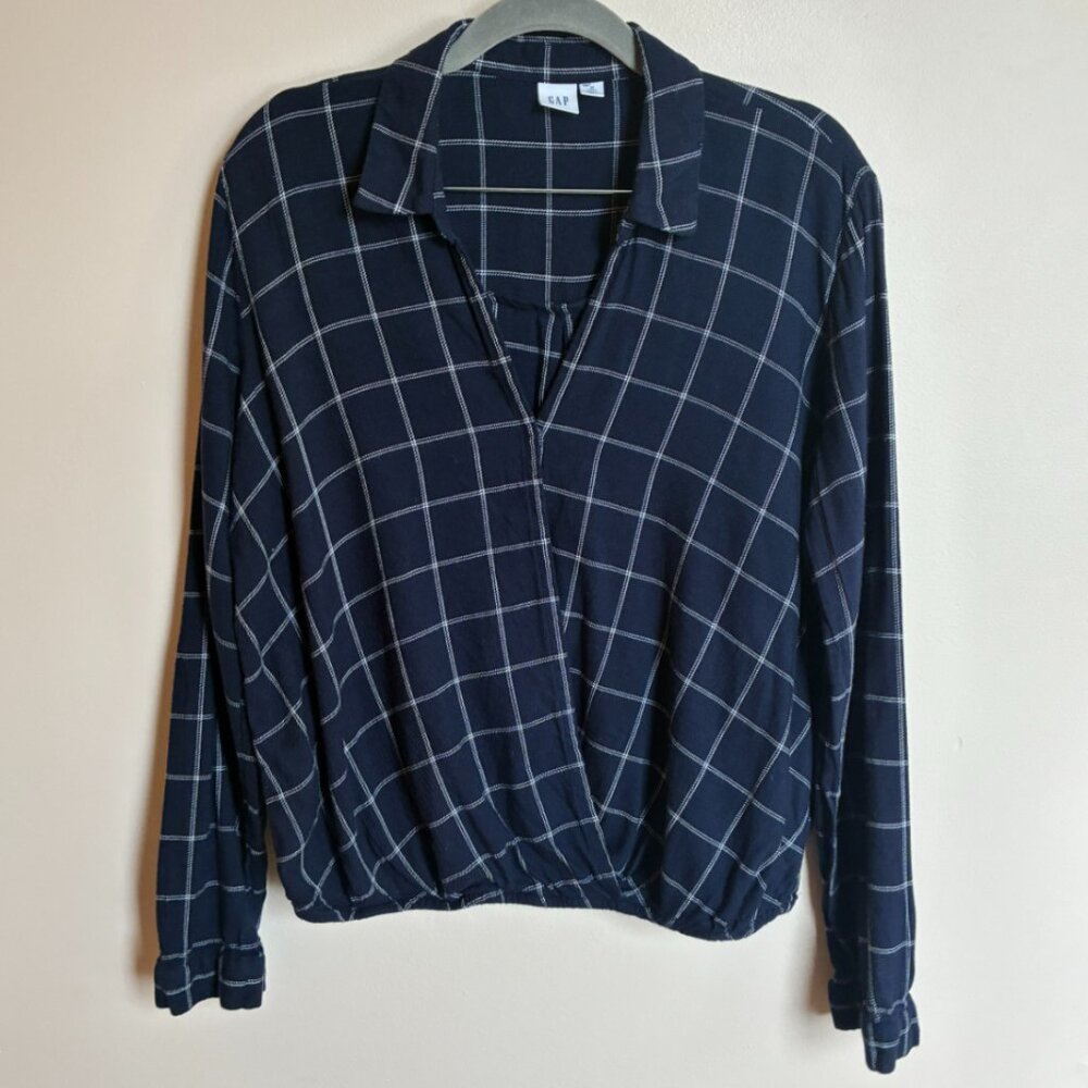 GAP Faux-Wrap Navy Windowpane Flannel Shirt Size Medium TALL
